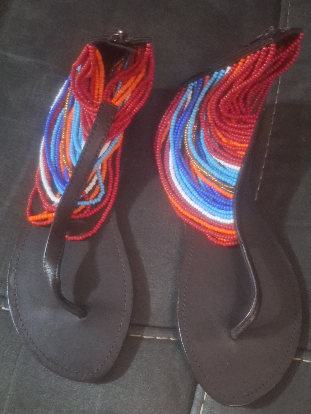 Beaded Multicolor Black Strap Sandals 38